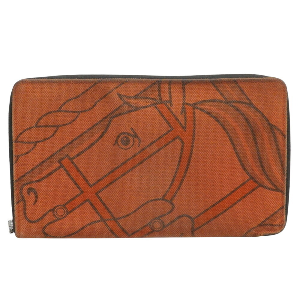 Hermes HERMES Stable GM EEP stamp Round long wallet Canvas Leather Orange Horse